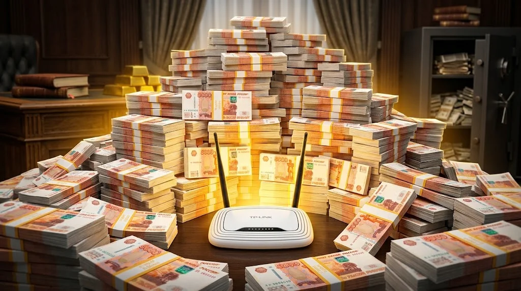 Белый Wi-Fi роутер TP-LINK с двумя антеннами среди пачек пятитысячных купюр и слитков золота — закупка по 44-ФЗ