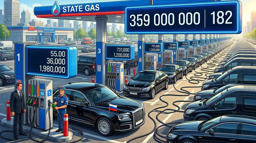 Заправочная станция с колонками и очередью служебных автомобилей, табло с суммой закупок — госзакупки бензина по 44-ФЗ
