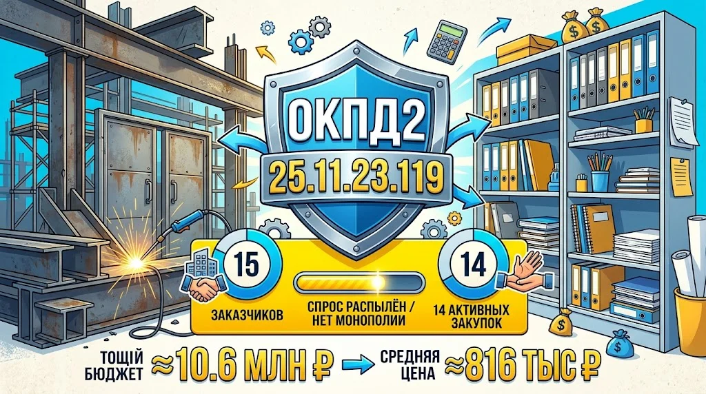 Инфографика ОКПД2 25.11.23.119 со стальными дверями, стеллажами и цифрами рынка — закупки по 44-ФЗ