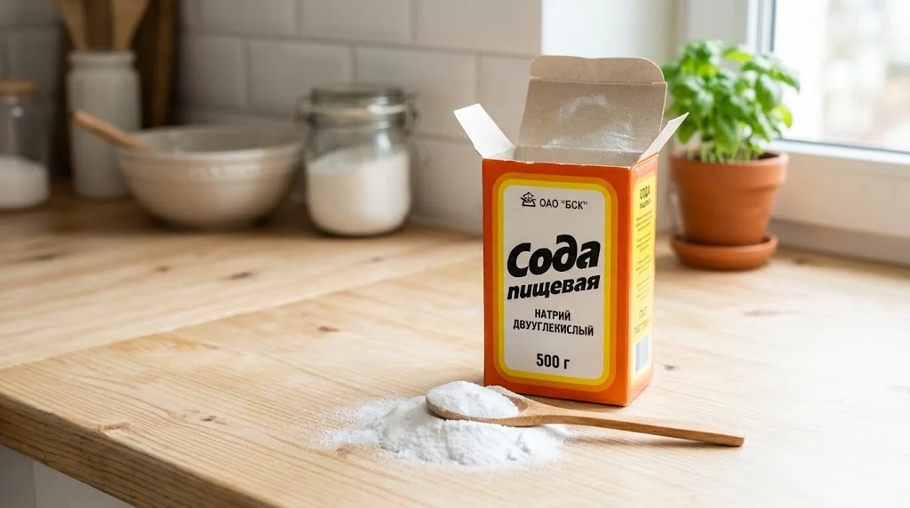 Открытая пачка пищевой соды ОАО БСК и деревянная ложка с порошком на кухонном столе — иллюстрация к закупкам соды по 44-ФЗ