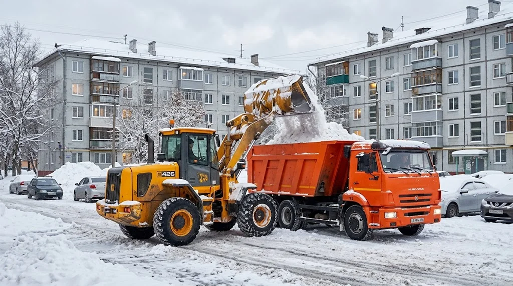 Погрузчик JCB ссыпает снег в оранжевый самосвал КамАЗ во дворе жилых домов — иллюстрация к госзакупкам вывоза снега в Москве
