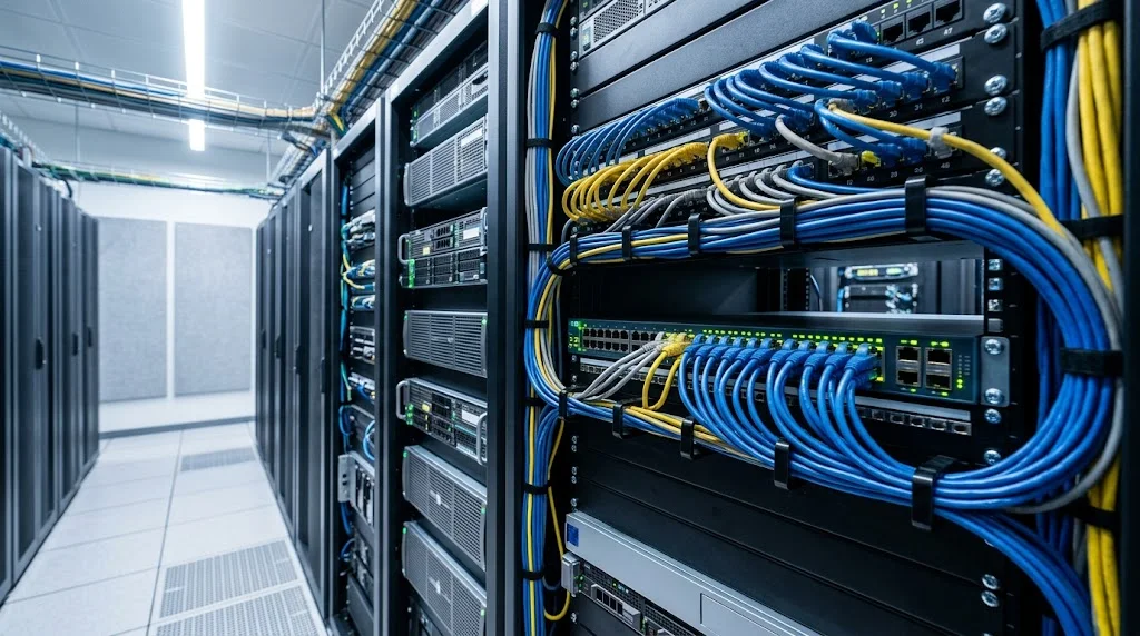 Серверная стойка с маршрутизатором и Ethernet-кабелями для темы закупок интернет-доступа по 44-ФЗ