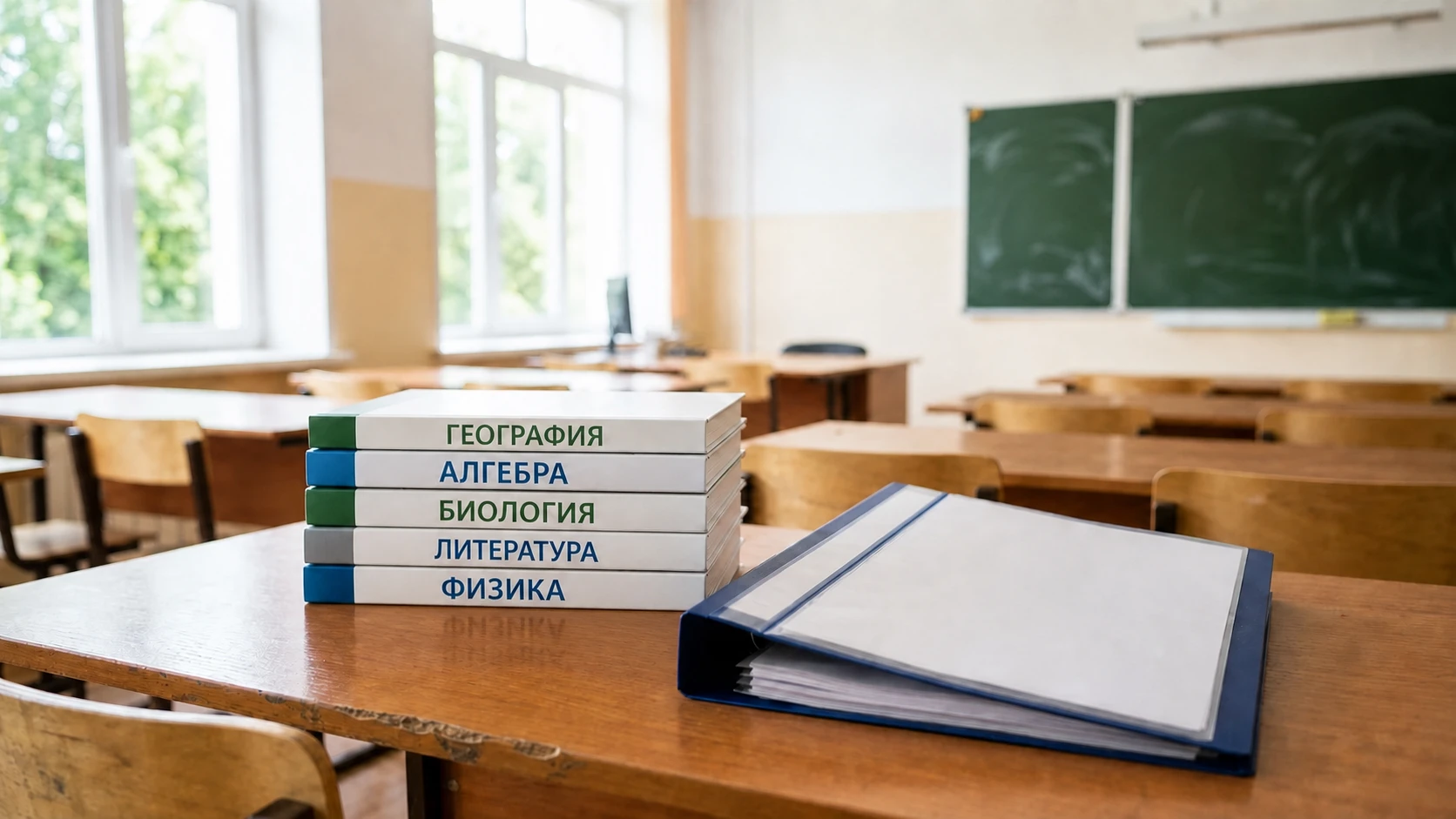 Стопка школьных учебников по географии, алгебре, биологии, литературе и физике рядом с папкой в классе