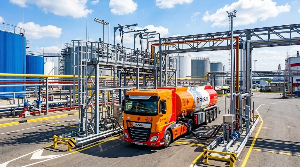 Оранжевый бензовоз на наливной эстакаде нефтебазы — иллюстрация к госзакупкам дизтоплива по 44-ФЗ