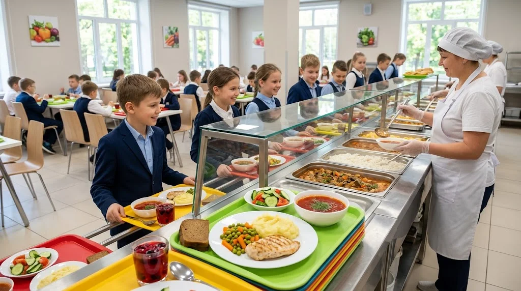 Линия раздачи горячего питания в современной школьной столовой